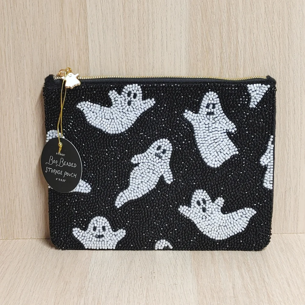 Beaded Ghosts Halloween Pouch Clutch Black 6